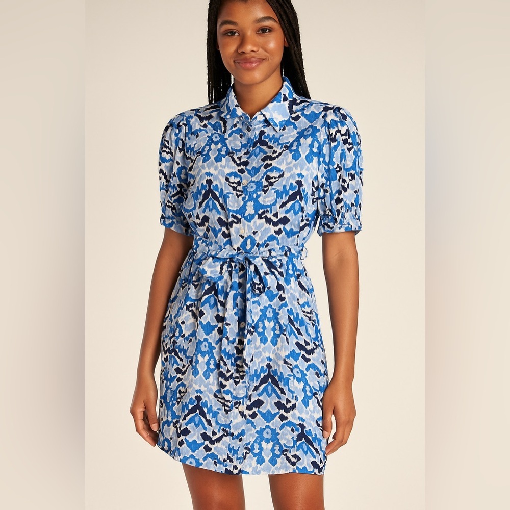 La Mer Luxe Blue and Black Button Down Patterned Mini Dress